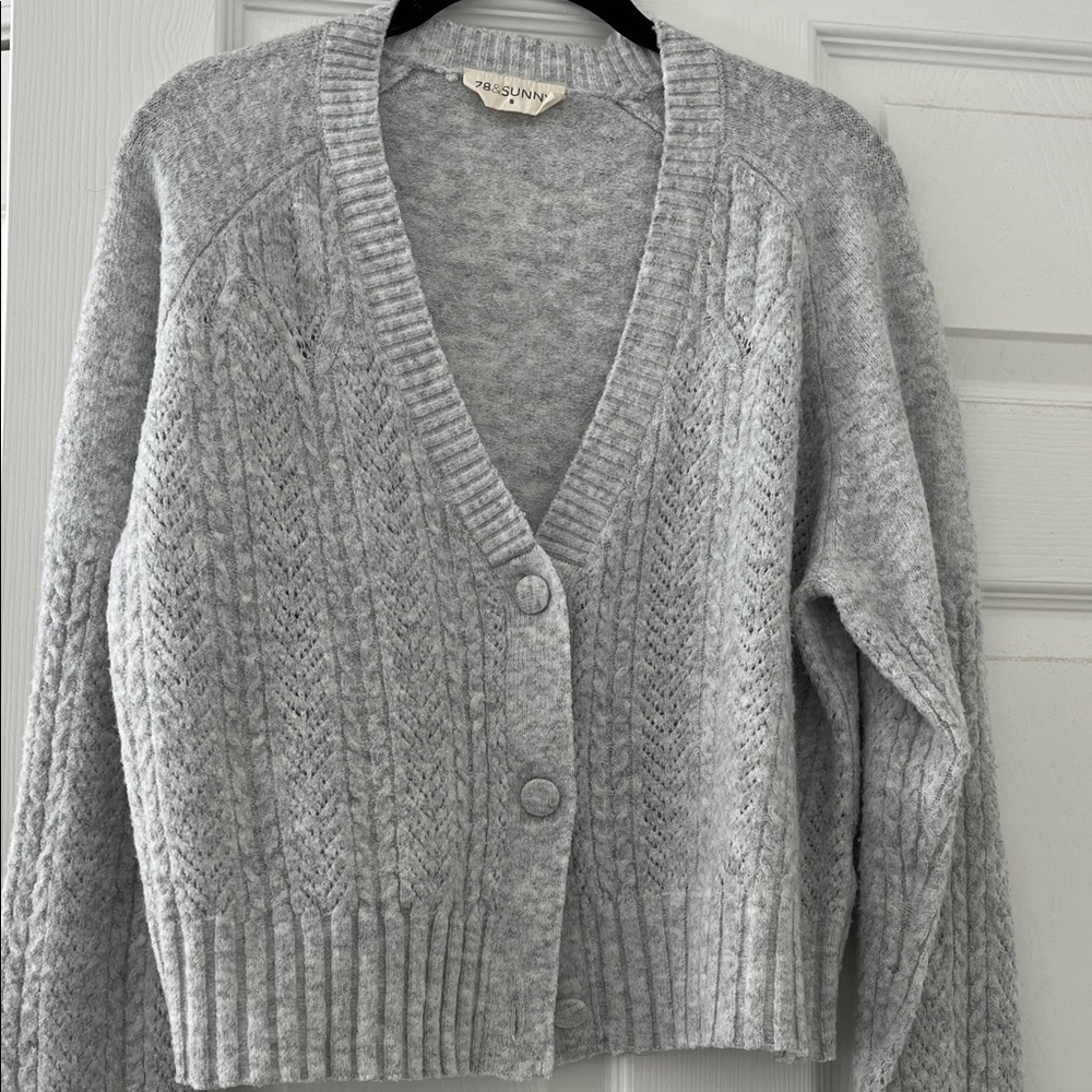 Gray Cable Knit Cardigan Sweater